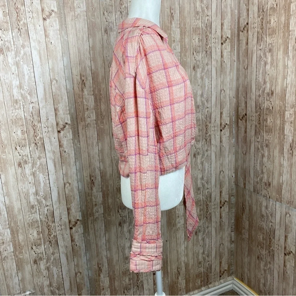 Free‎ People Running Wild Long Sleeve Plaid Wrap Top Size Large Women